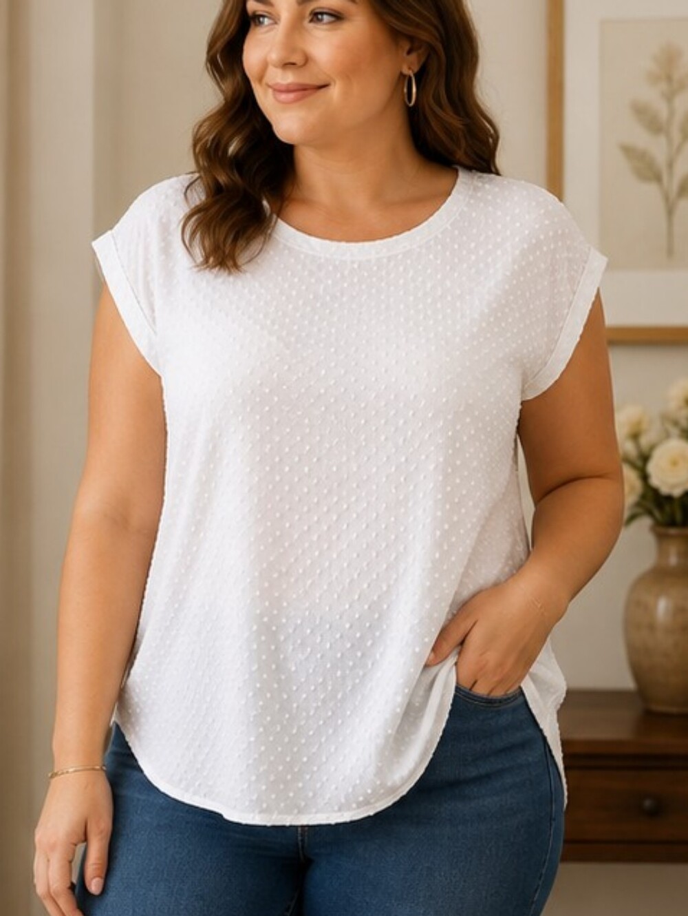 ELLE White Swiss Dot Textured Top Size XL High Low Hem